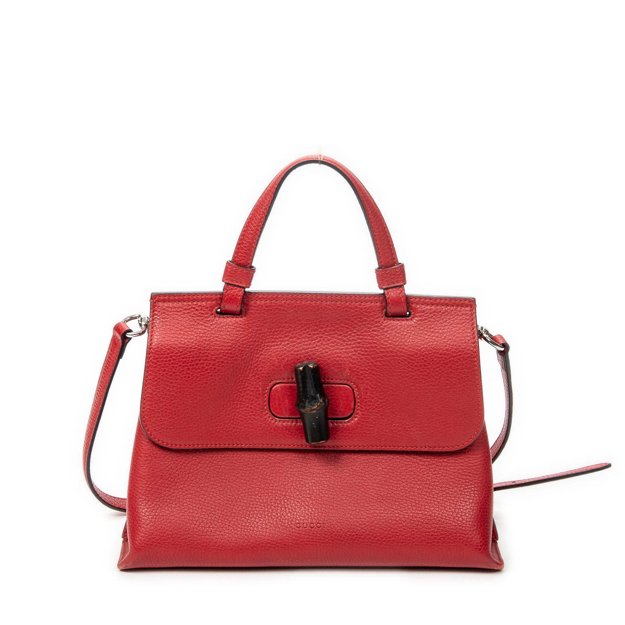Shoulder Bag Small Bamboo Daily Top Handle Red Grained Calfskin Leather