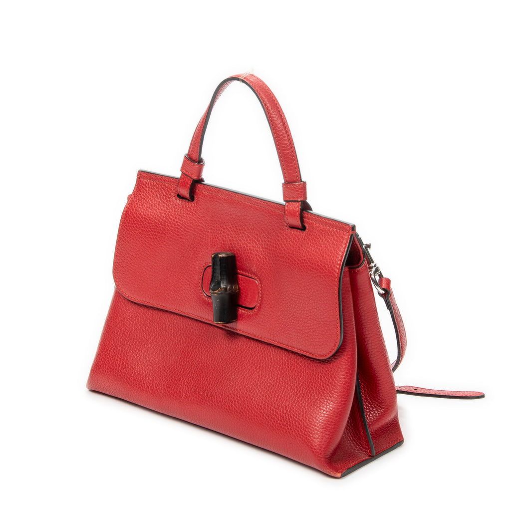 Shoulder Bag Small Bamboo Daily Top Handle Red Grained Calfskin Leather