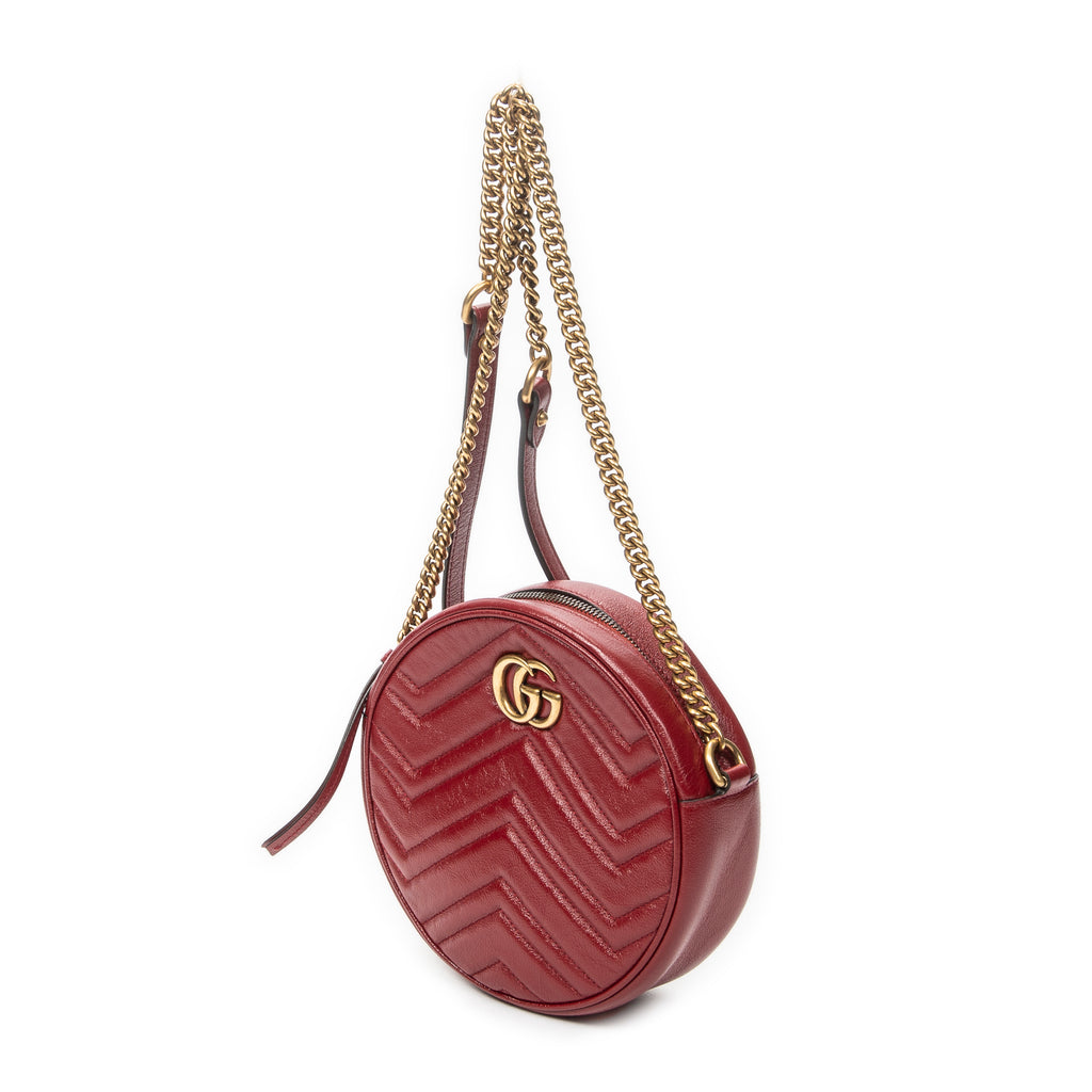 Shoulder Bag GG Marmont Chain Round Crossbody Red Quilted Chevron Leather