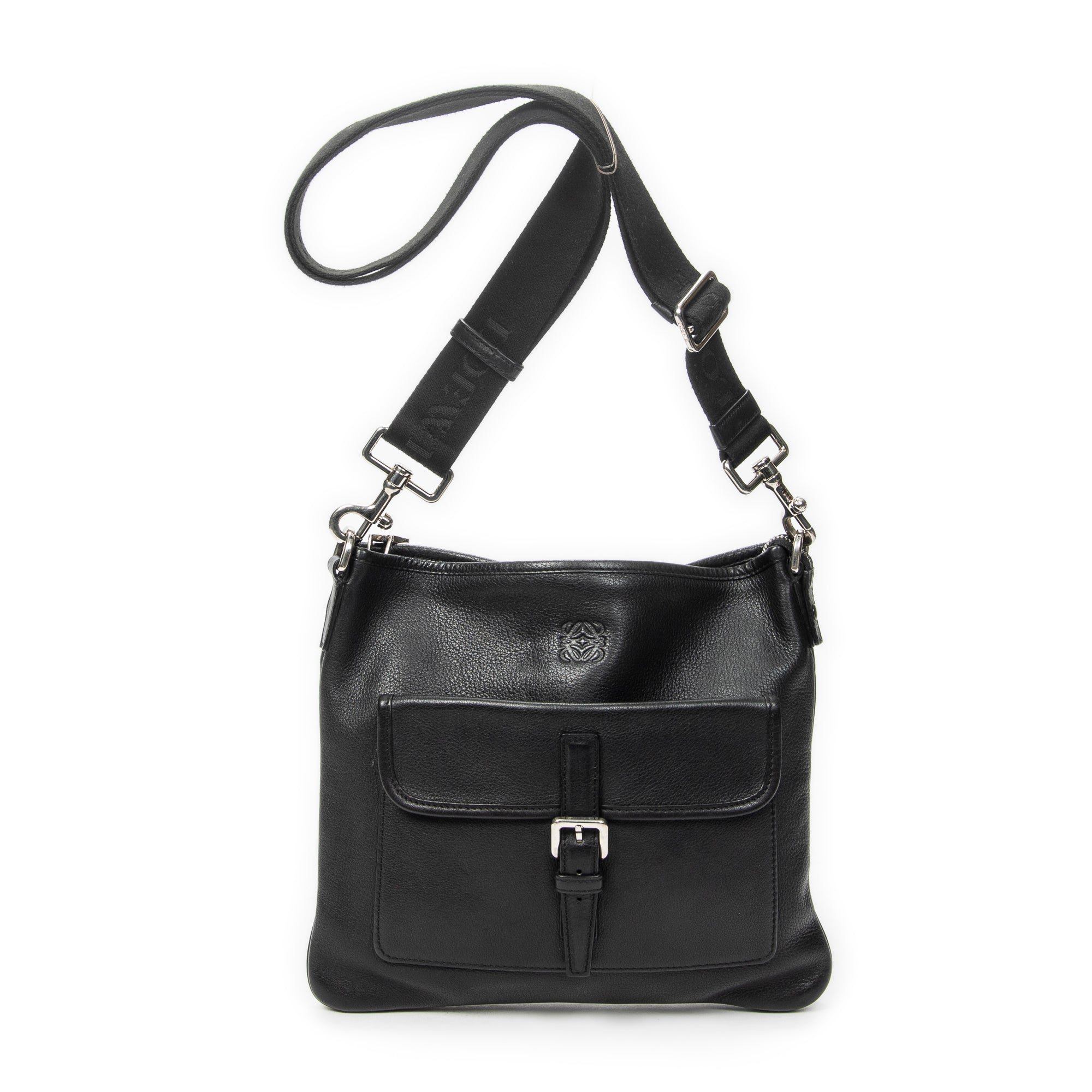 Shoulder Bag Anagram Front Pocket Messenger Black Grained Calfskin Leather