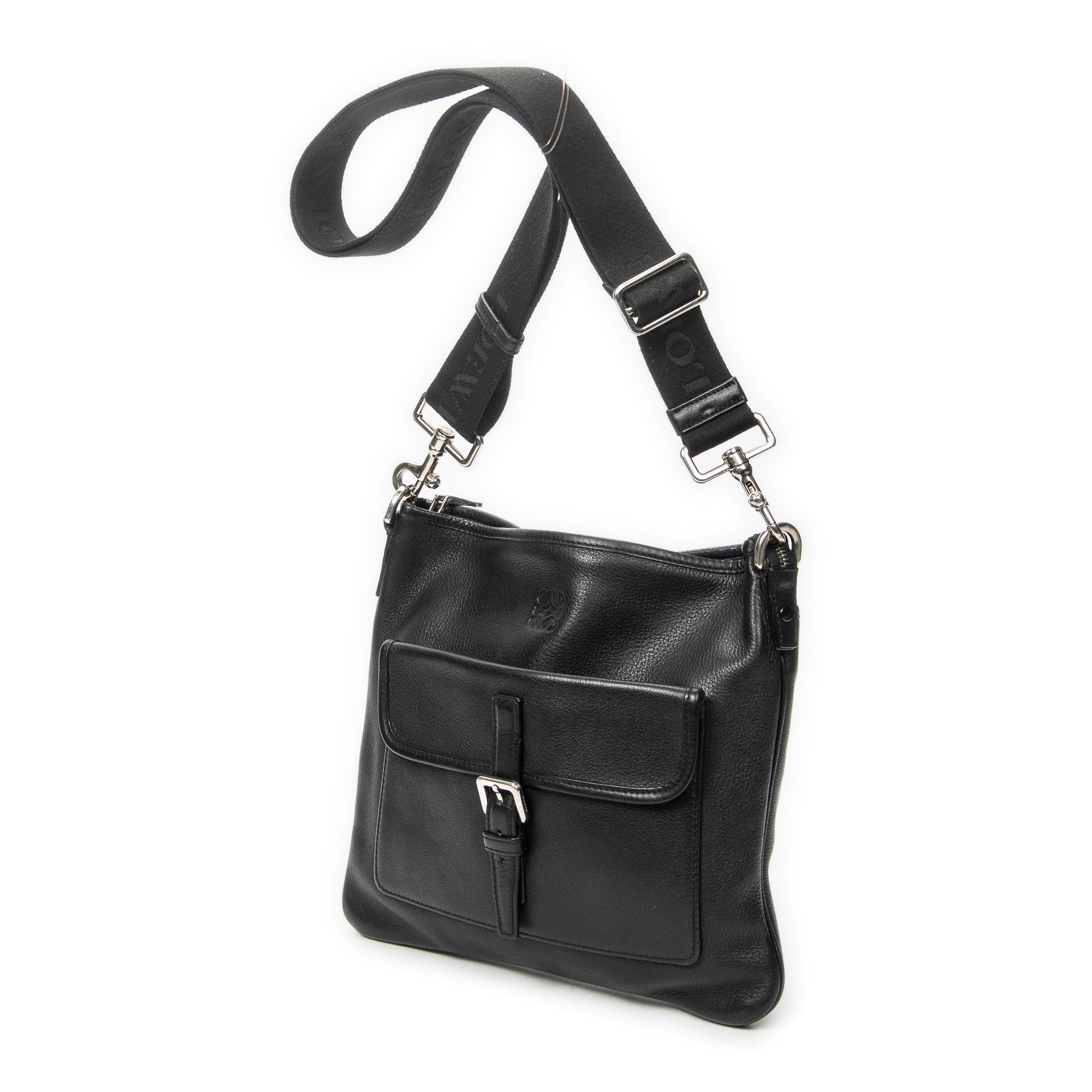 Shoulder Bag Anagram Front Pocket Messenger Black Grained Calfskin Leather