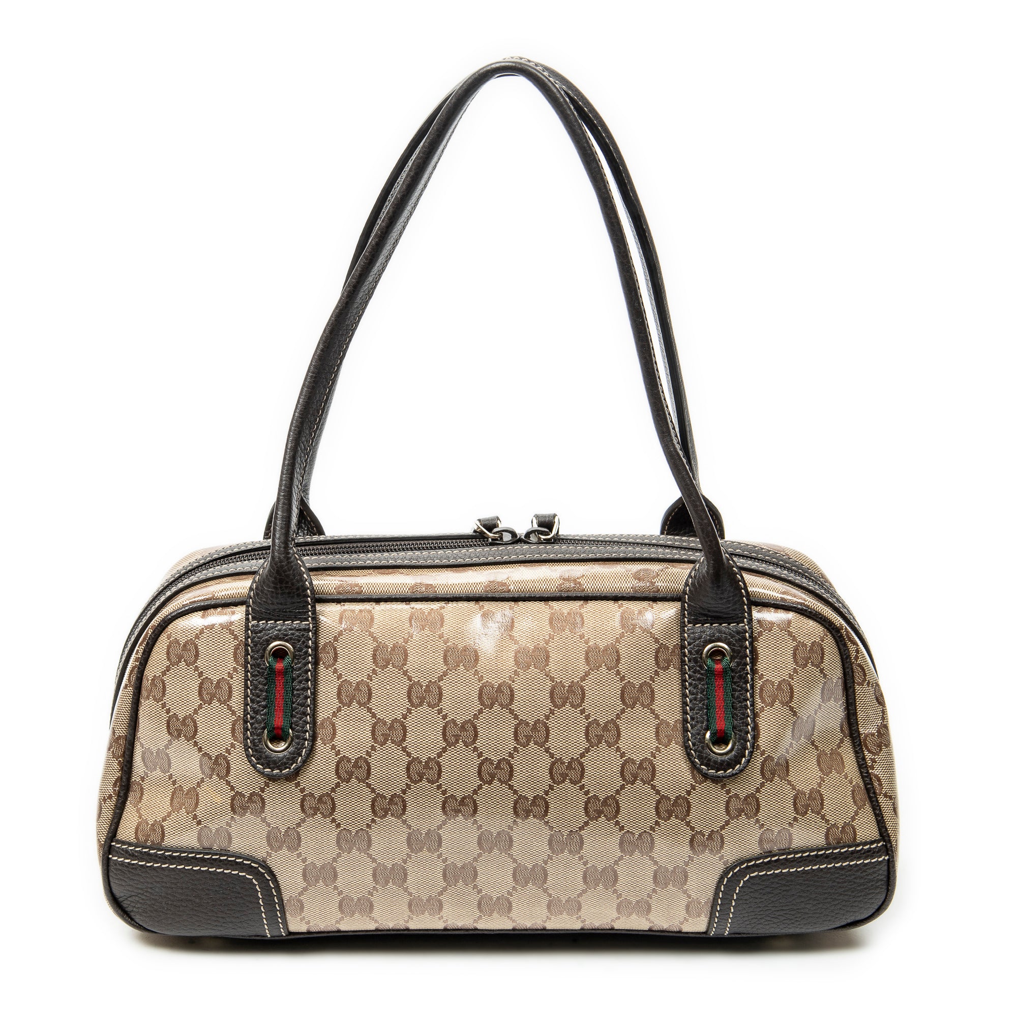Shoulder Bag Web Princy Boston Brown Monogrammed Crystal Coated Canvas