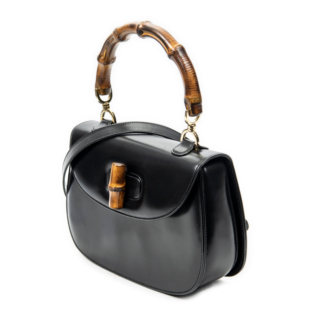 Shoulder Bag Medium Bamboo Top Handle Flap Black Smooth Calfskin Leather