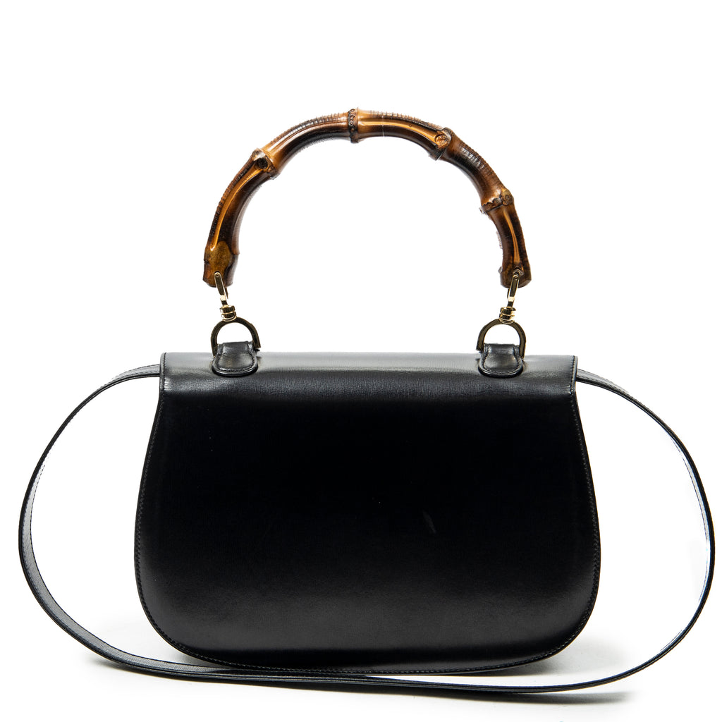 Shoulder Bag Medium Bamboo Top Handle Flap Black Smooth Calfskin Leather