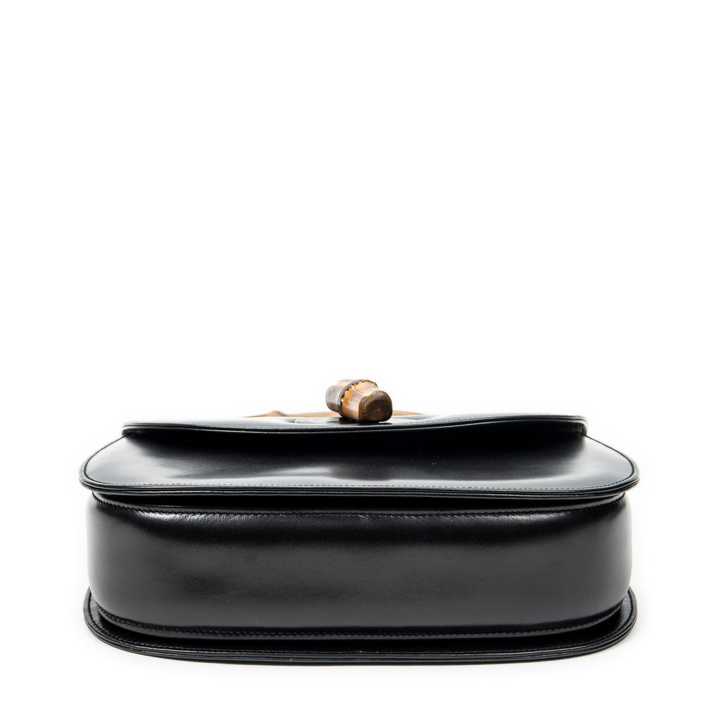 Shoulder Bag Medium Bamboo Top Handle Flap Black Smooth Calfskin Leather
