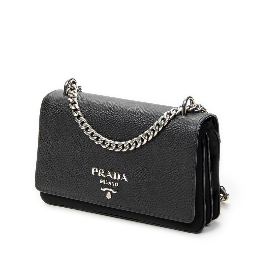 Shoulder Bag Chain Flap Crossbody Black Nylon Canvas