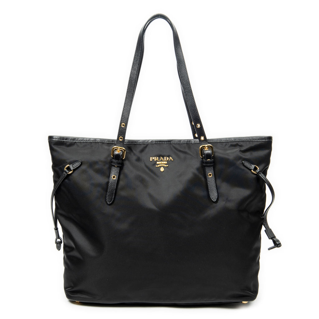 Shoulder Bag Side Drawstring Shopping Tote Black Nylon Canvas