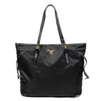 Shoulder Bag Side Drawstring Shopping Tote Black Nylon Canvas