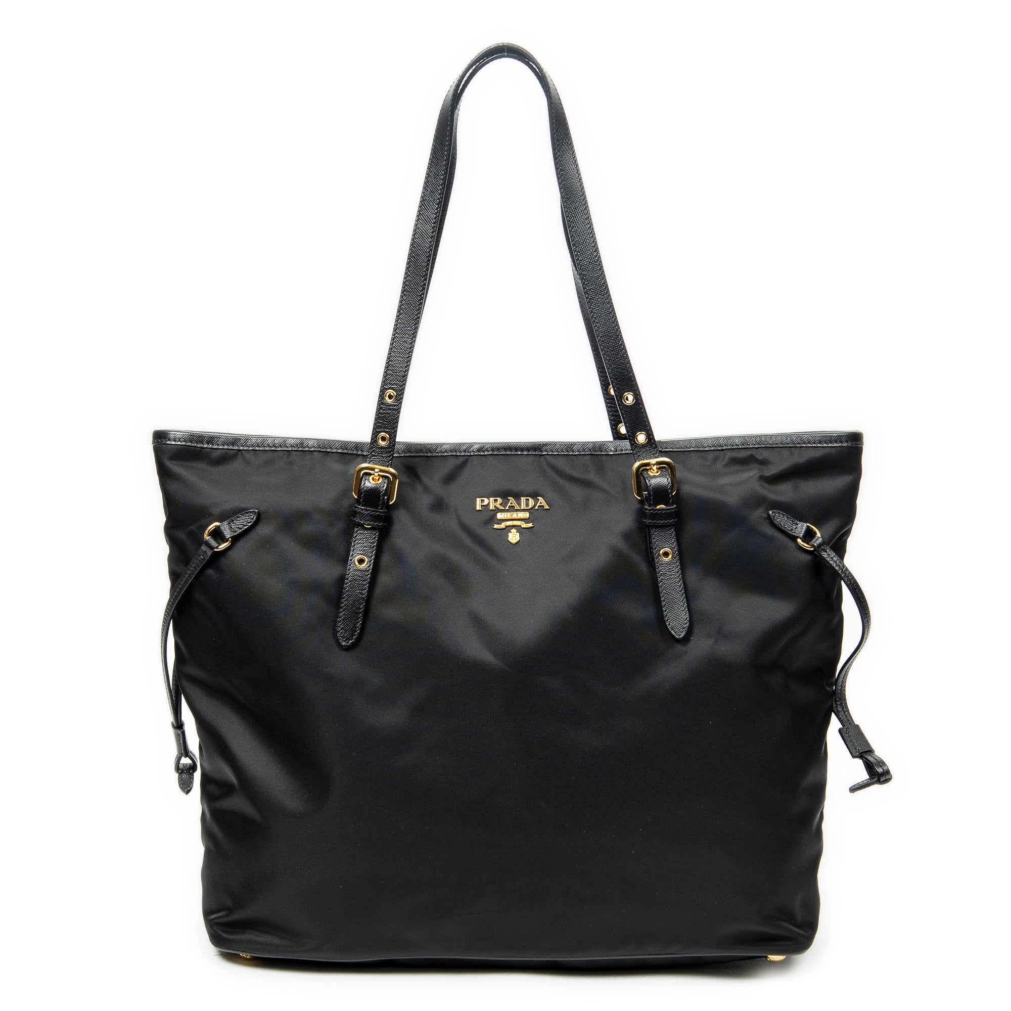 Shoulder Bag Side Drawstring Shopping Tote Black Nylon Canvas