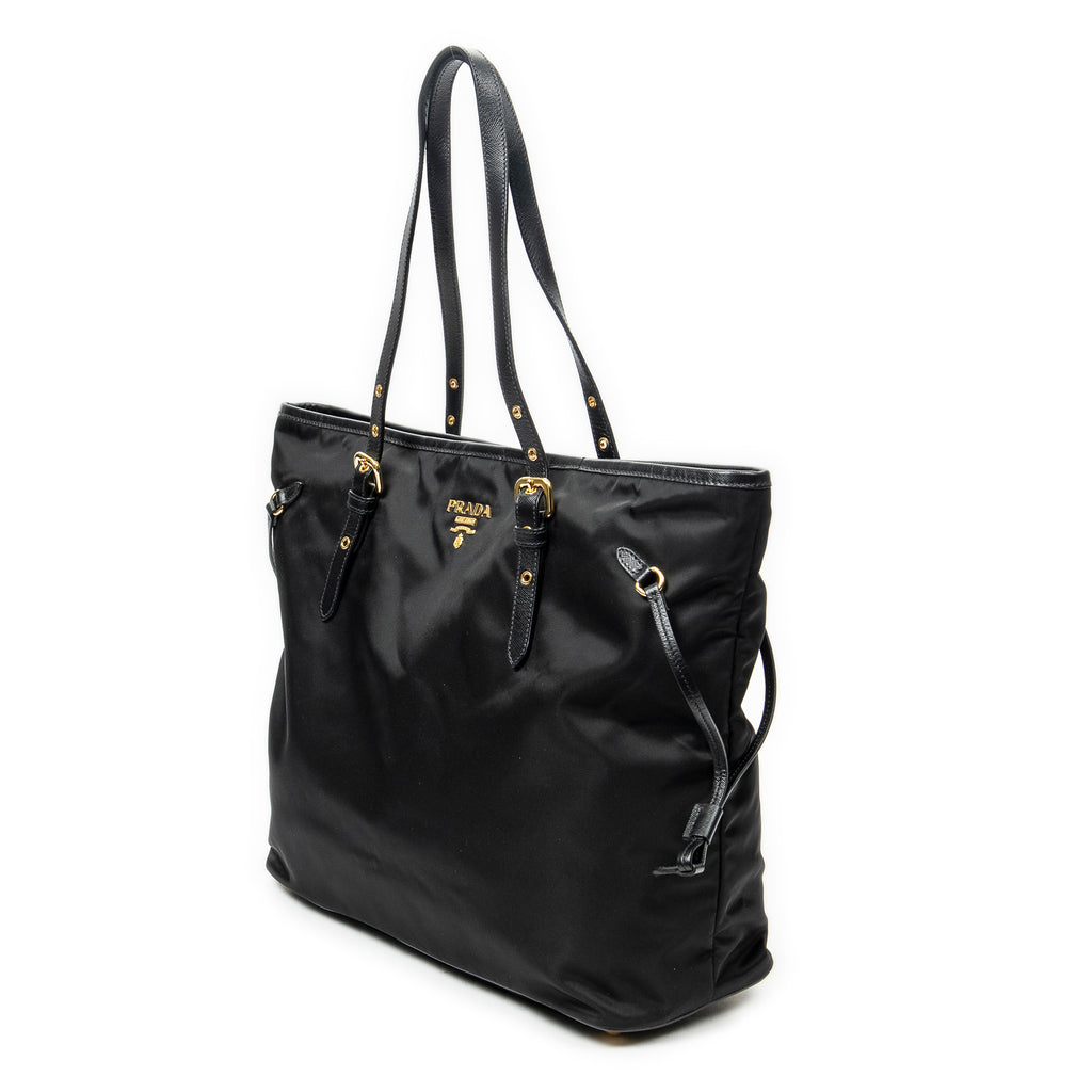 Shoulder Bag Side Drawstring Shopping Tote Black Nylon Canvas