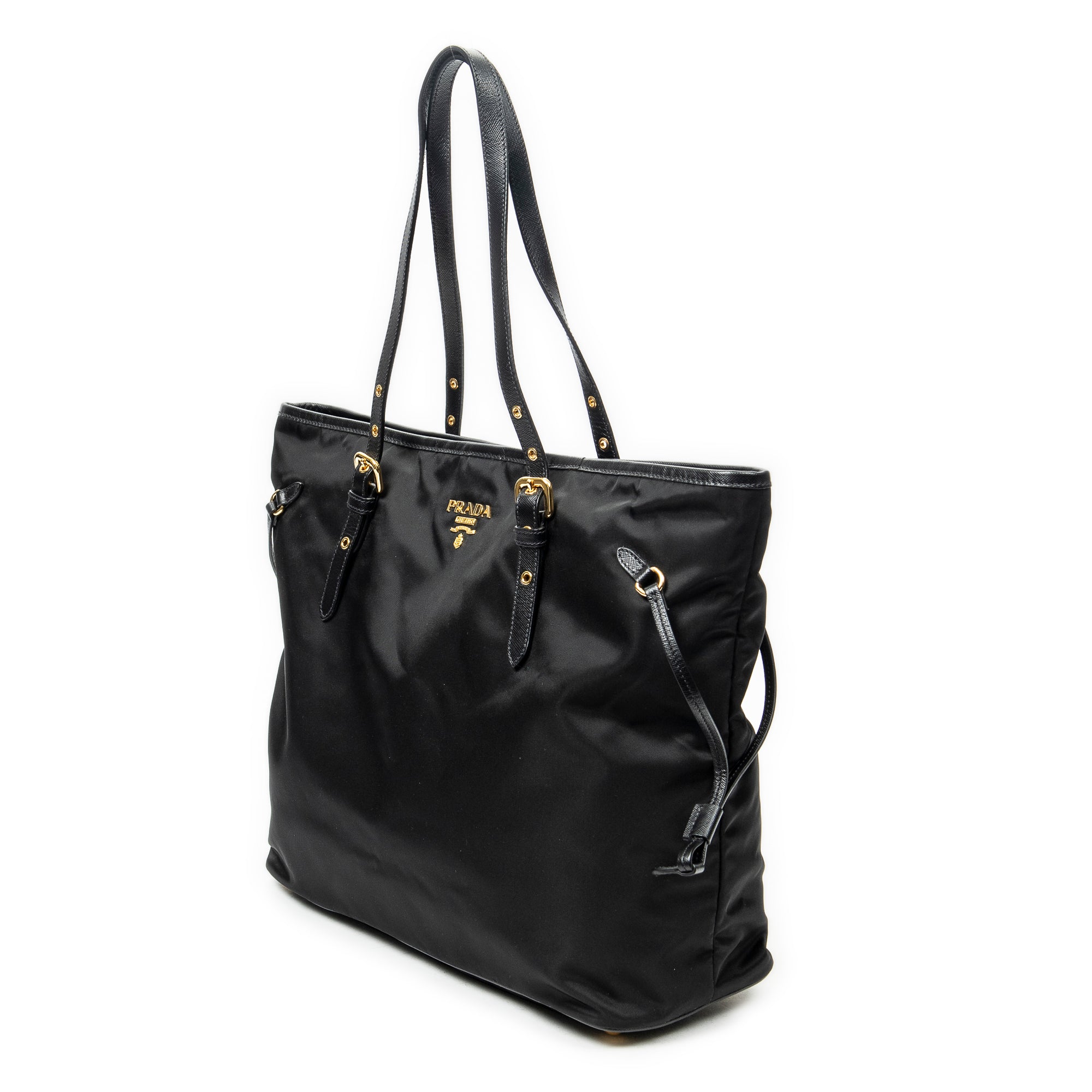 Shoulder Bag Side Drawstring Shopping Tote Black Nylon Canvas