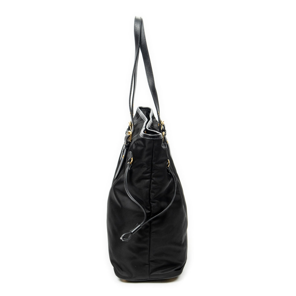 Shoulder Bag Side Drawstring Shopping Tote Black Nylon Canvas