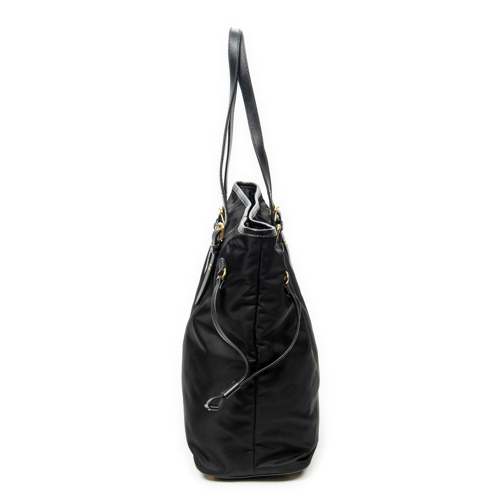 Shoulder Bag Side Drawstring Shopping Tote Black Nylon Canvas