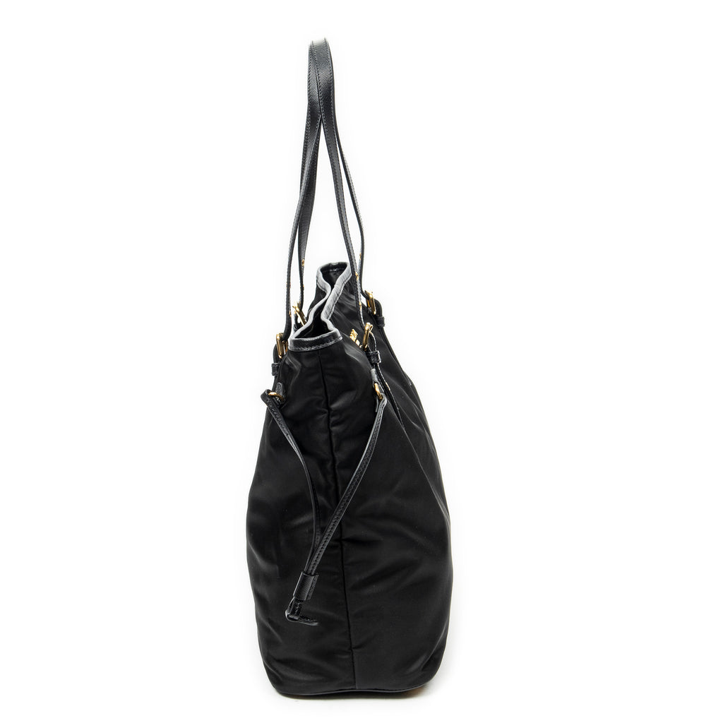Shoulder Bag Side Drawstring Shopping Tote Black Nylon Canvas