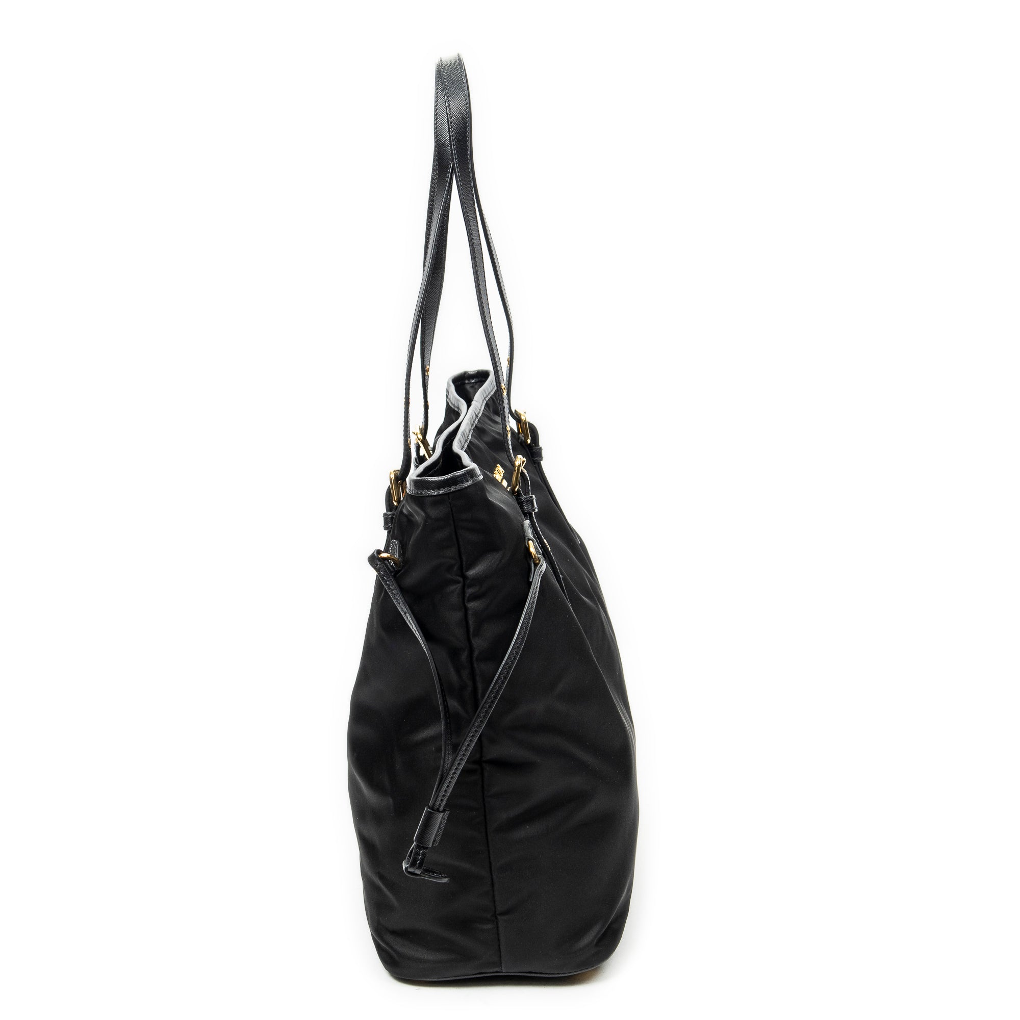 Shoulder Bag Side Drawstring Shopping Tote Black Nylon Canvas