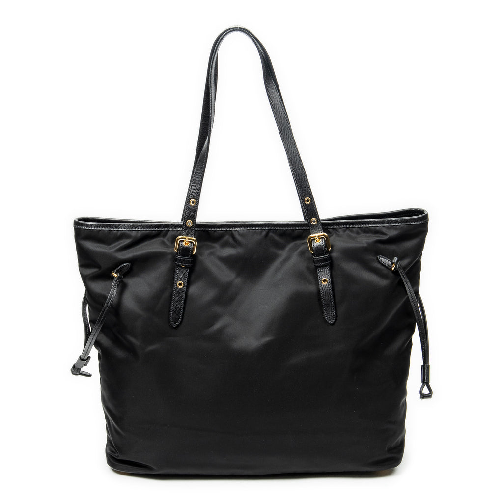 Shoulder Bag Side Drawstring Shopping Tote Black Nylon Canvas