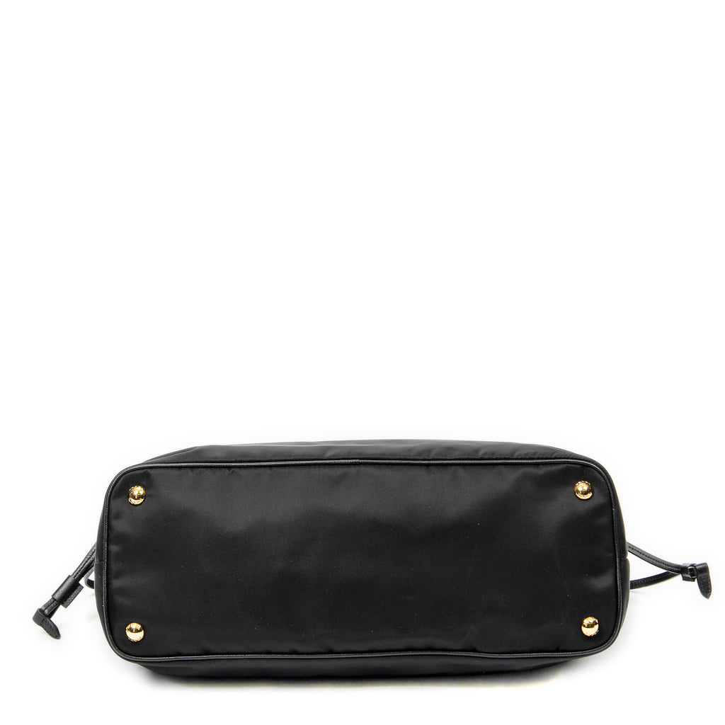 Shoulder Bag Side Drawstring Shopping Tote Black Nylon Canvas