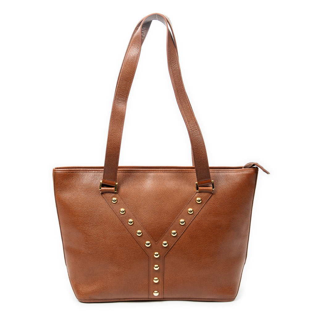Shoulder Bag Studded Y Line Shopping Tote Brown Grained Calfskin Leather