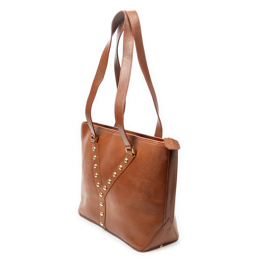 Shoulder Bag Studded Y Line Shopping Tote Brown Grained Calfskin Leather