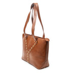 Shoulder Bag Studded Y Line Shopping Tote Brown Grained Calfskin Leather