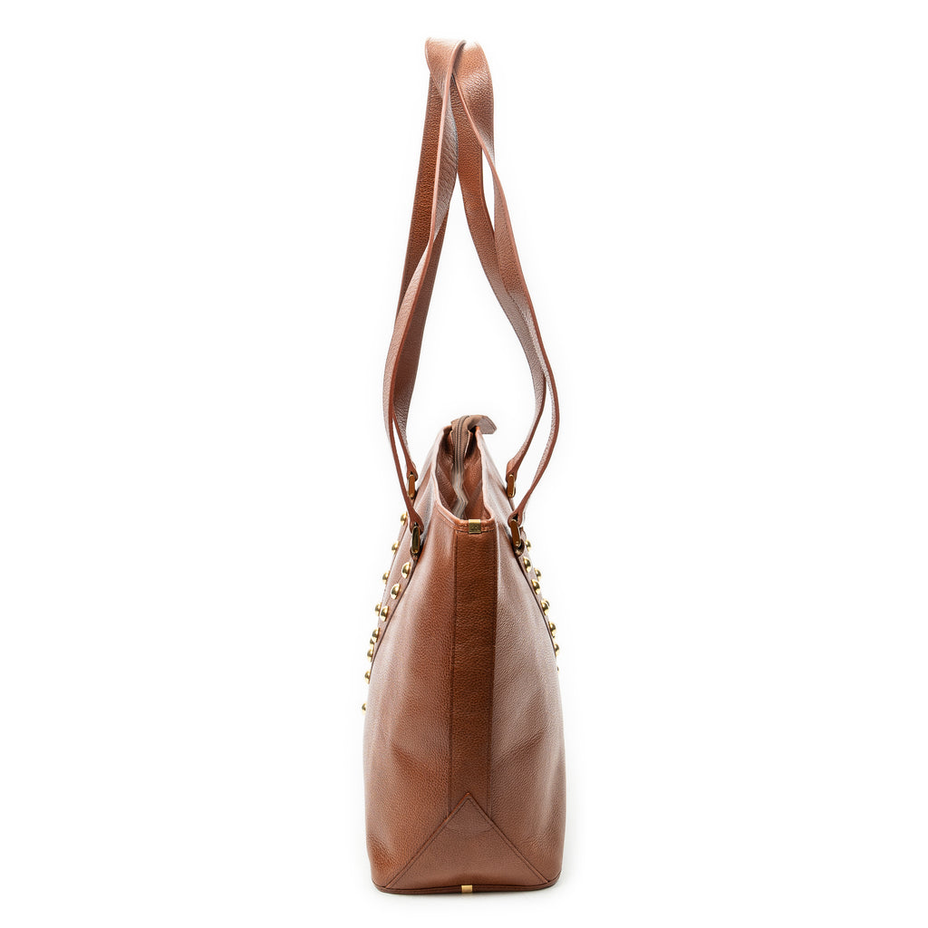 Shoulder Bag Studded Y Line Shopping Tote Brown Grained Calfskin Leather