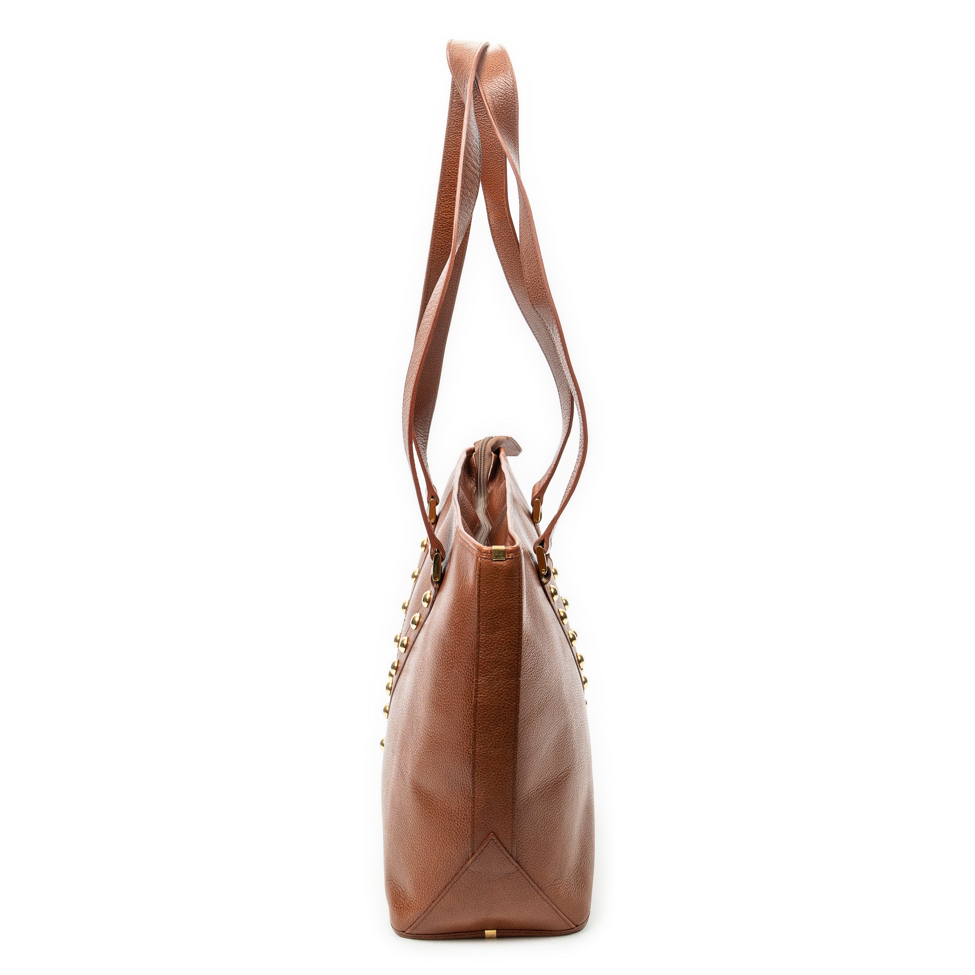 Shoulder Bag Studded Y Line Shopping Tote Brown Grained Calfskin Leather