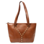 Shoulder Bag Studded Y Line Shopping Tote Brown Grained Calfskin Leather