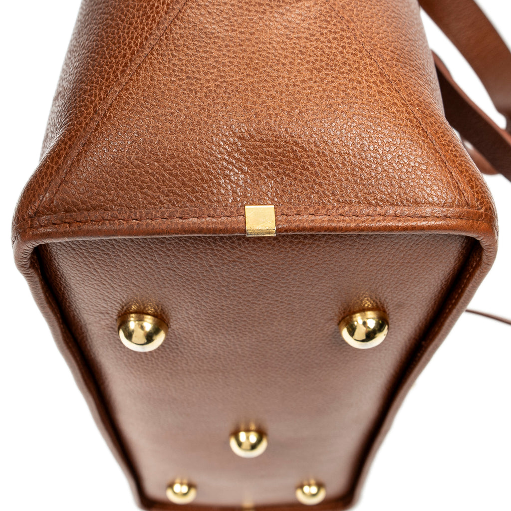 Shoulder Bag Studded Y Line Shopping Tote Brown Grained Calfskin Leather