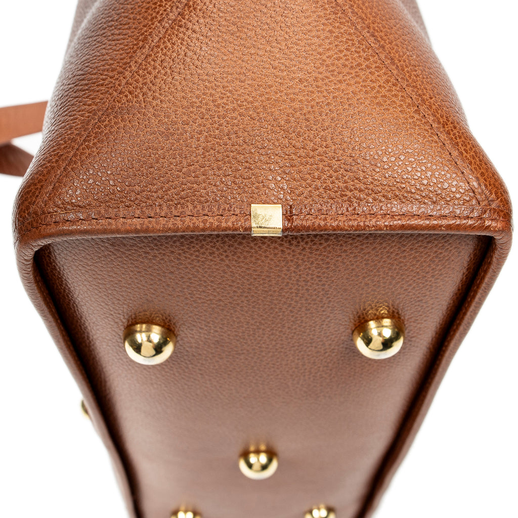 Shoulder Bag Studded Y Line Shopping Tote Brown Grained Calfskin Leather