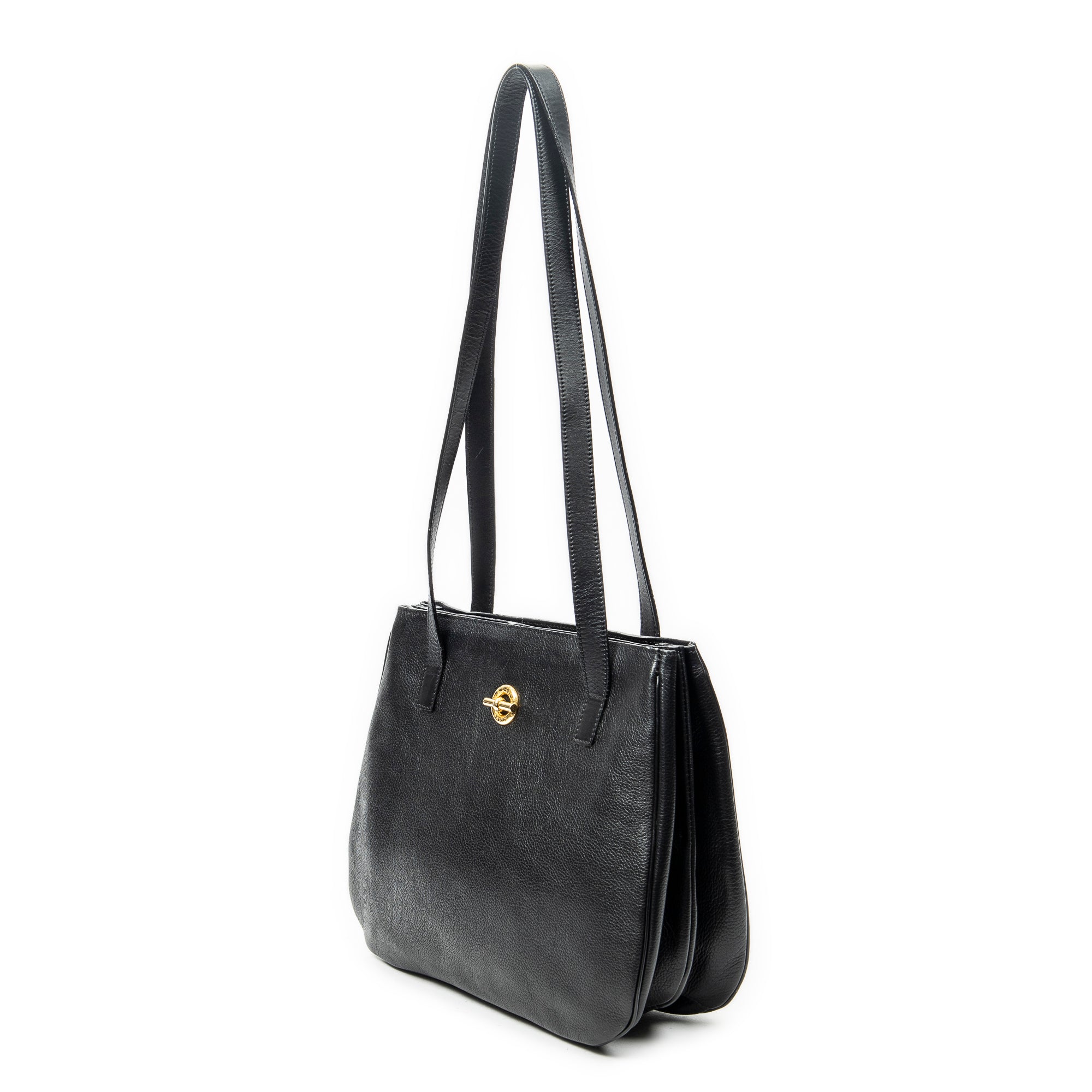 Shoulder Bag Vintage Double Side Tote Black Grained Calfskin Leather