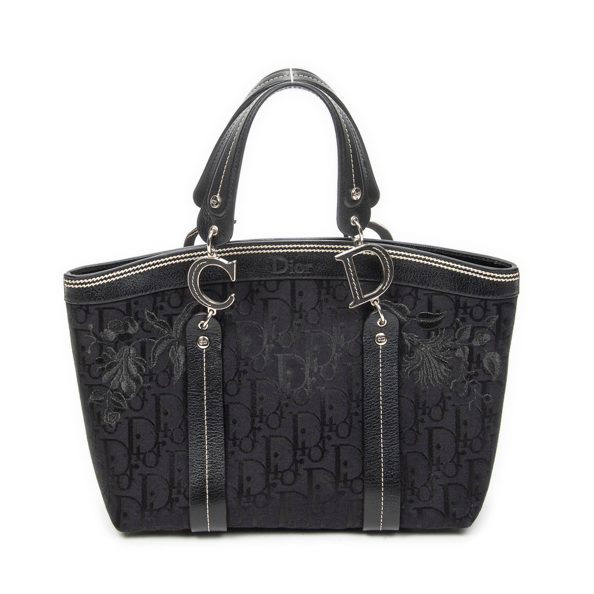 Handbag Vintage Embroidered Trotter Tote Black Embroidered Diorissimo Canvas