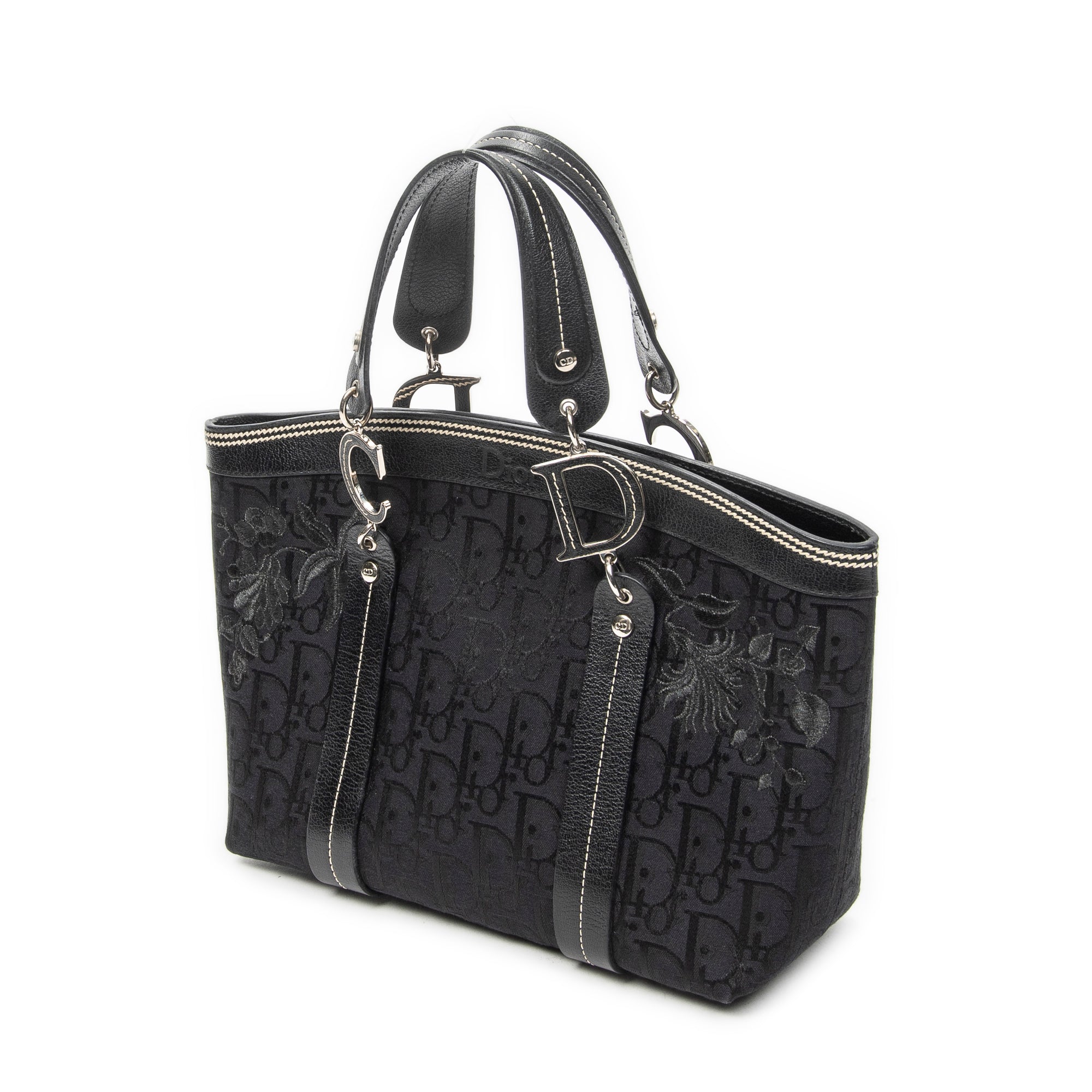 Handbag Vintage Embroidered Trotter Tote Black Embroidered Diorissimo Canvas