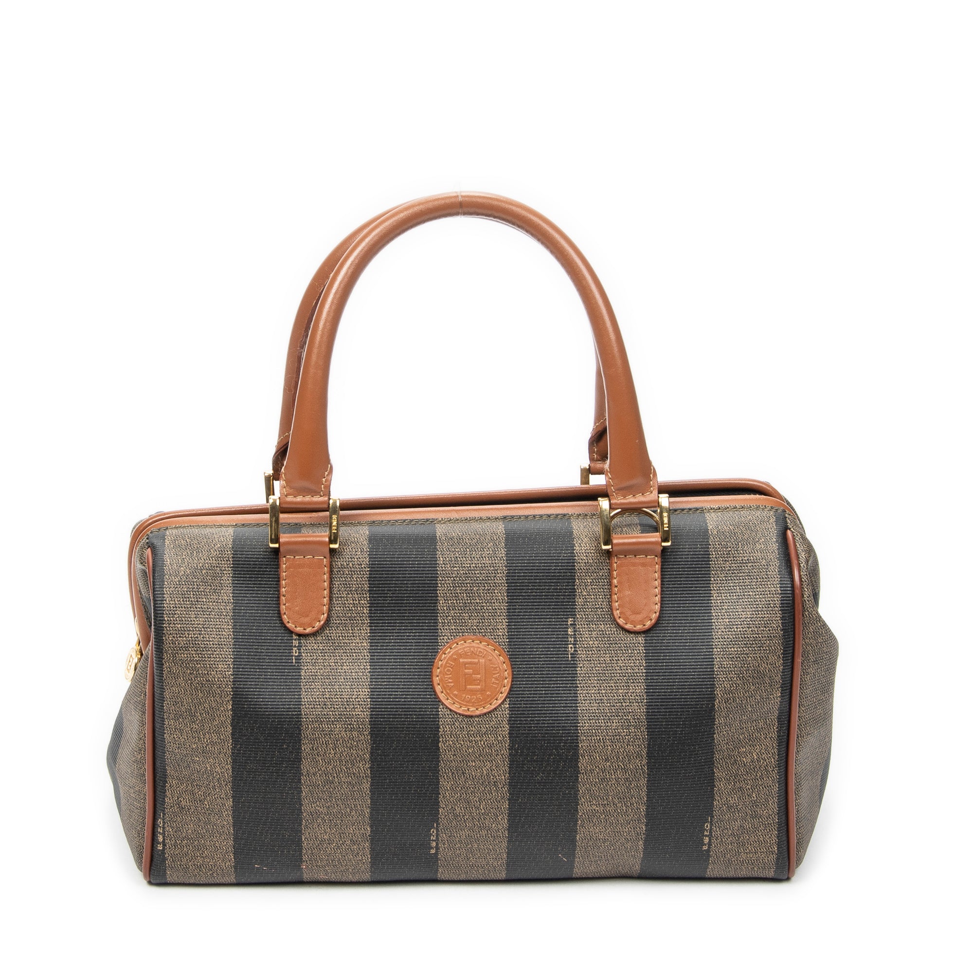 Handbag Small Pequin Frame Boston Tan Pequin Stripe Coated Canvas