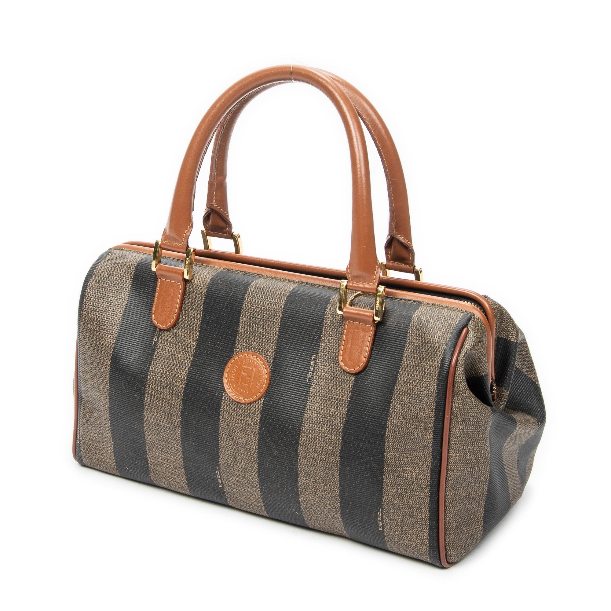 Handbag Small Pequin Frame Boston Tan Pequin Stripe Coated Canvas