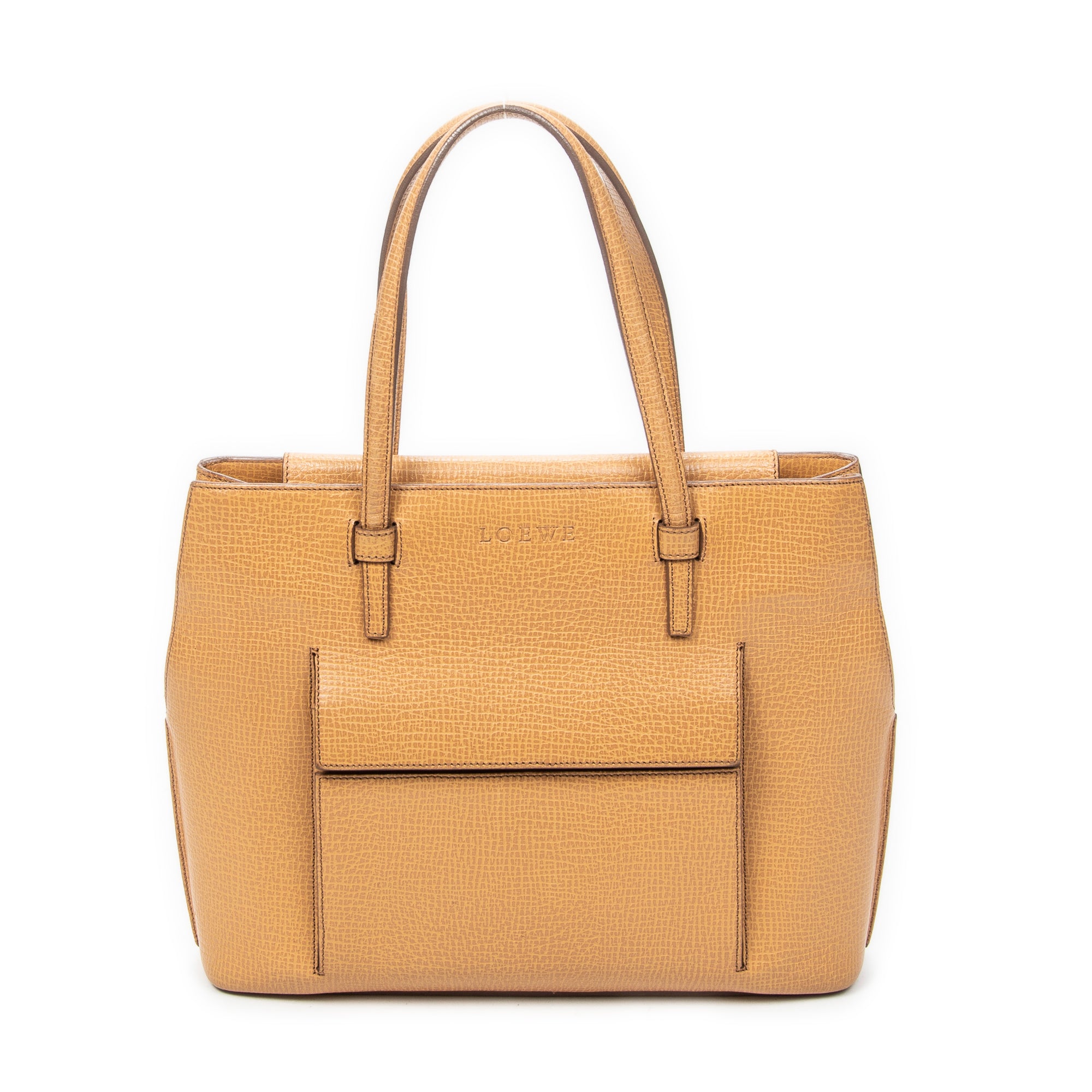 Shoulder Bag Front Pocket Tote Tan Textured Leather