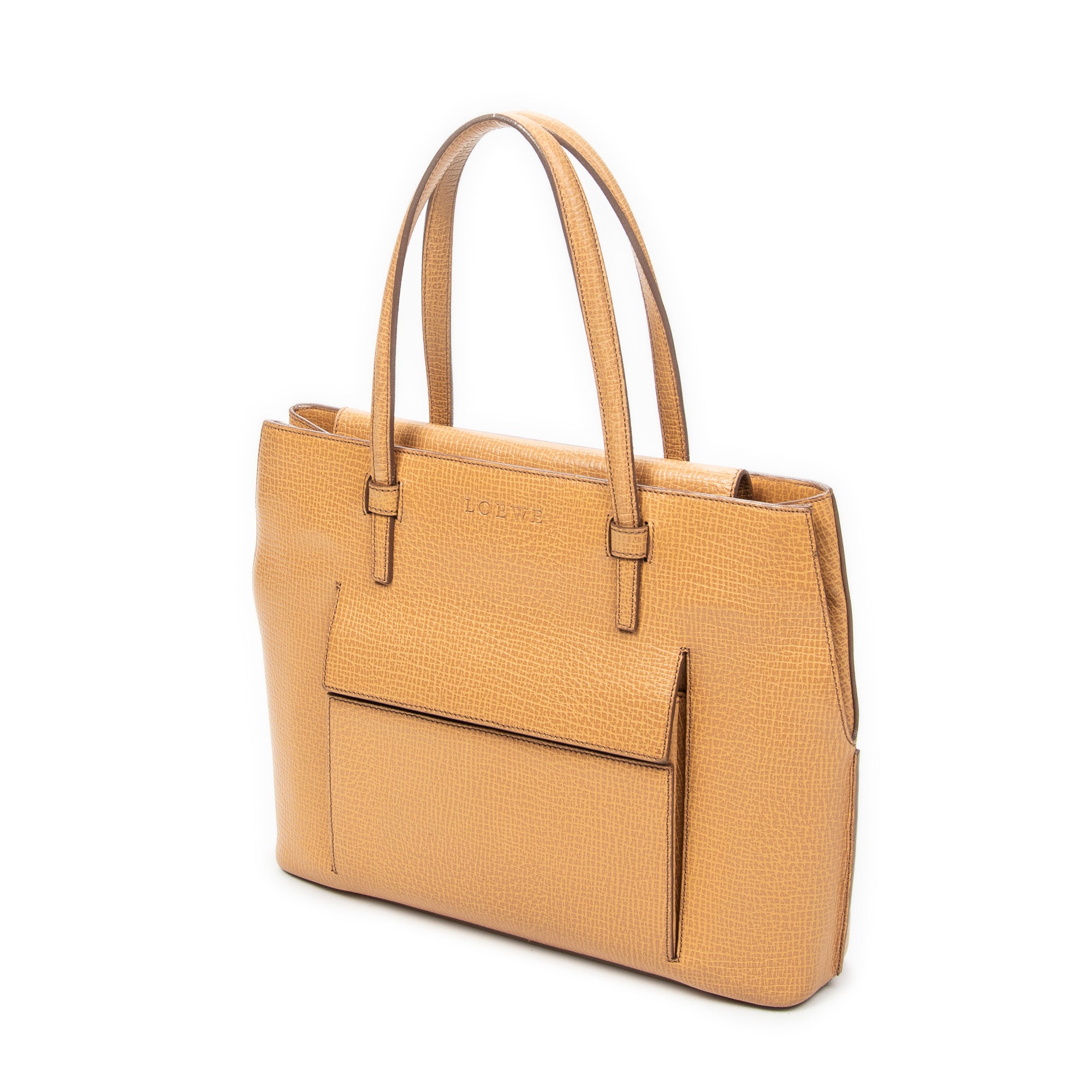 Shoulder Bag Front Pocket Tote Tan Textured Leather