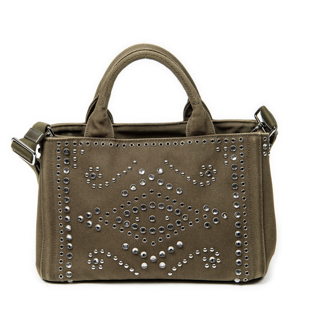 Shoulder Bag Small Rhinestone Canapa Tote Dark Green Studded Canapa Canvas