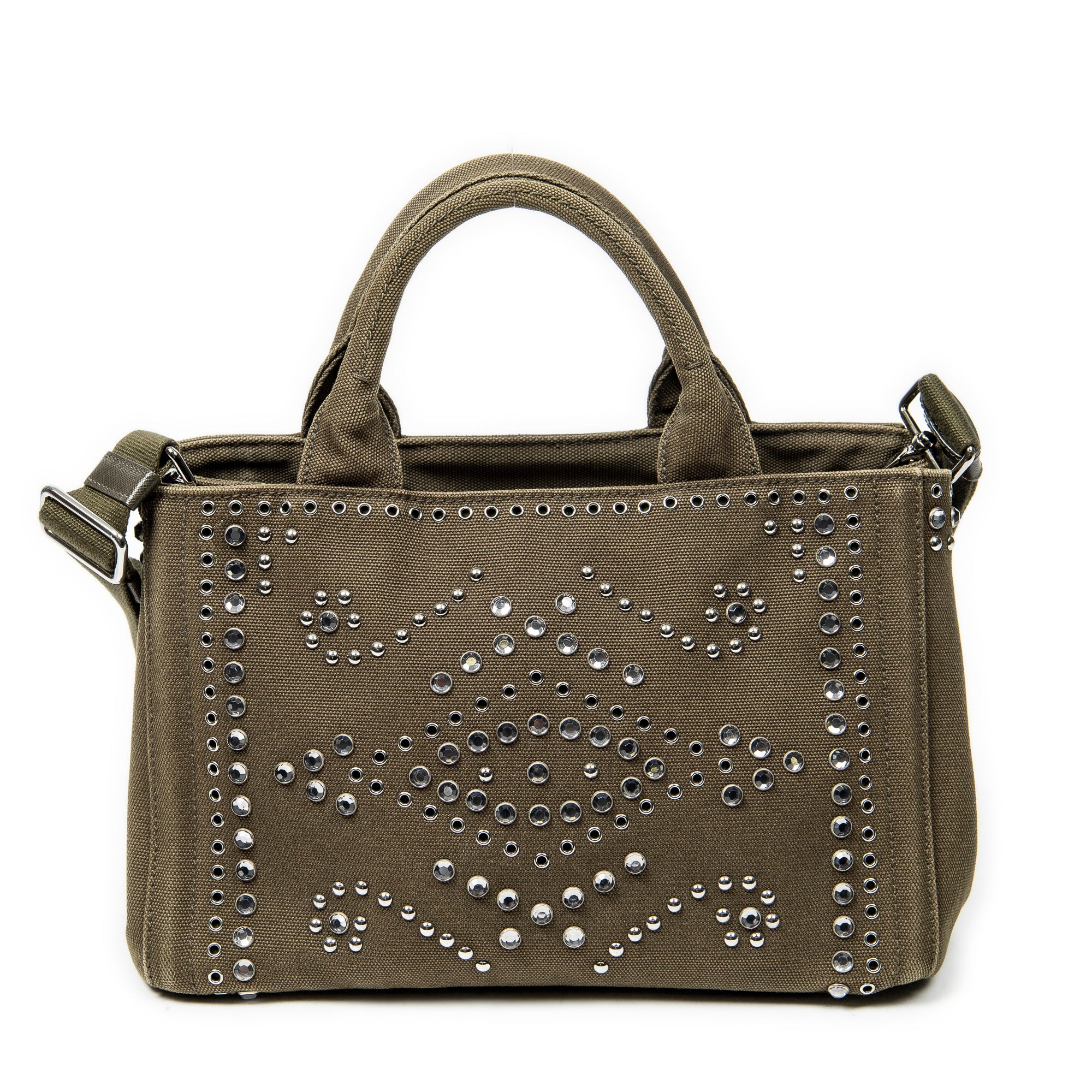 Shoulder Bag Small Rhinestone Canapa Tote Dark Green Studded Canapa Canvas