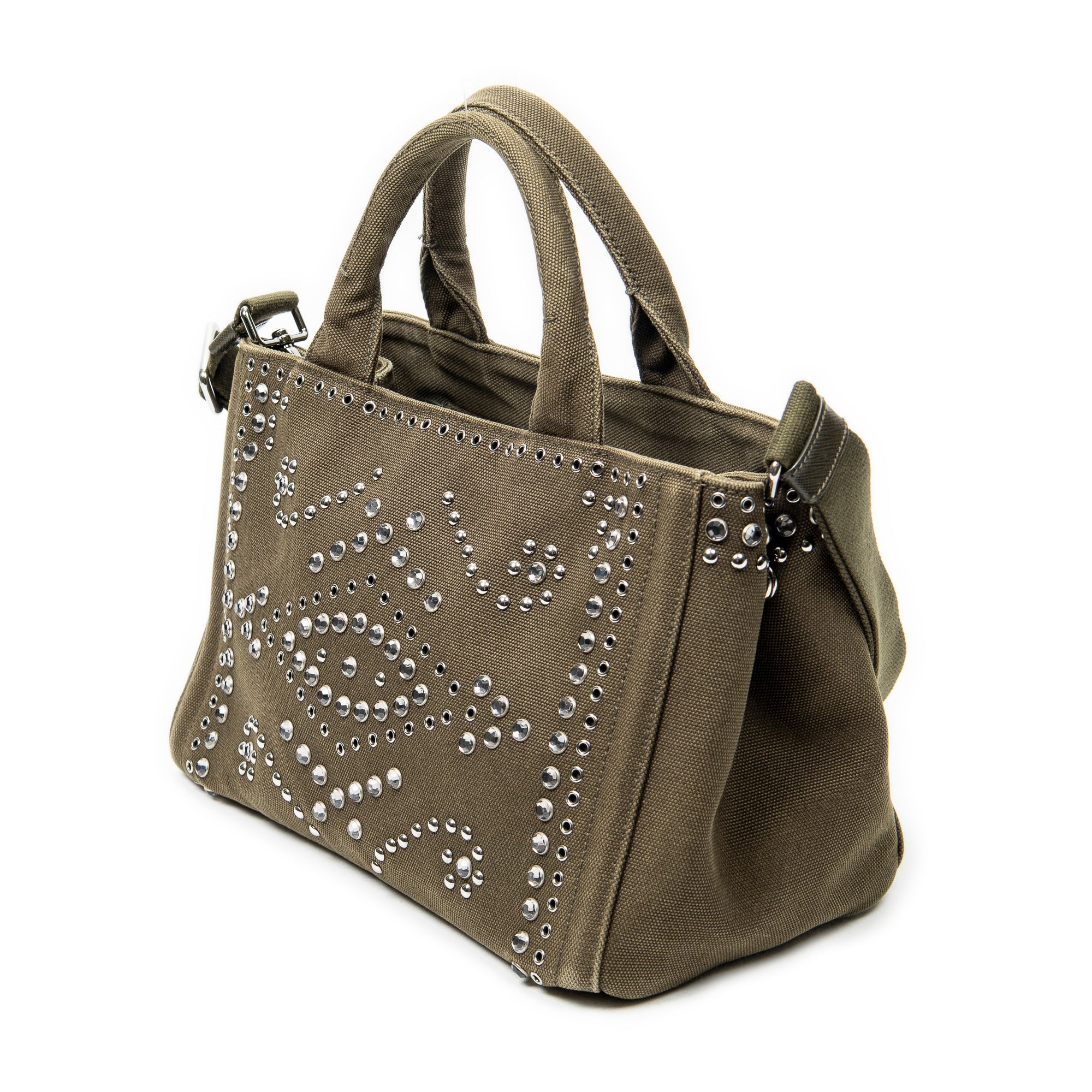Shoulder Bag Small Rhinestone Canapa Tote Dark Green Studded Canapa Canvas
