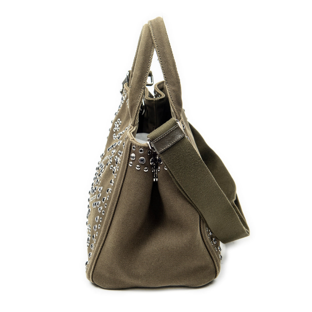 Shoulder Bag Small Rhinestone Canapa Tote Dark Green Studded Canapa Canvas