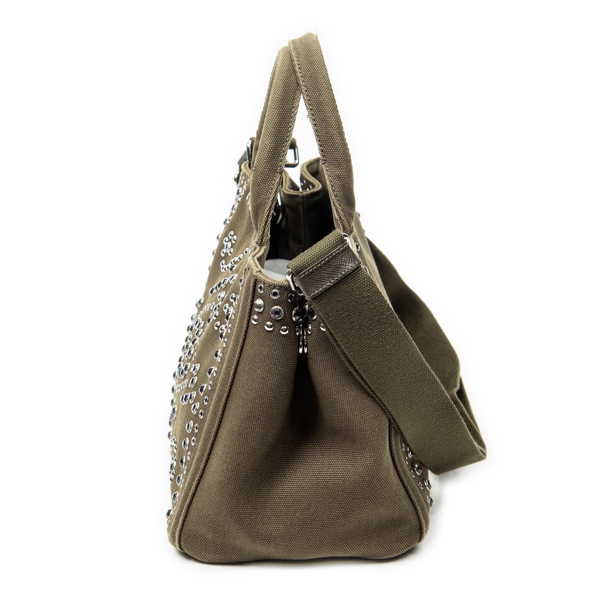 Shoulder Bag Small Rhinestone Canapa Tote Dark Green Studded Canapa Canvas