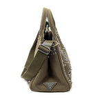 Shoulder Bag Small Rhinestone Canapa Tote Dark Green Studded Canapa Canvas