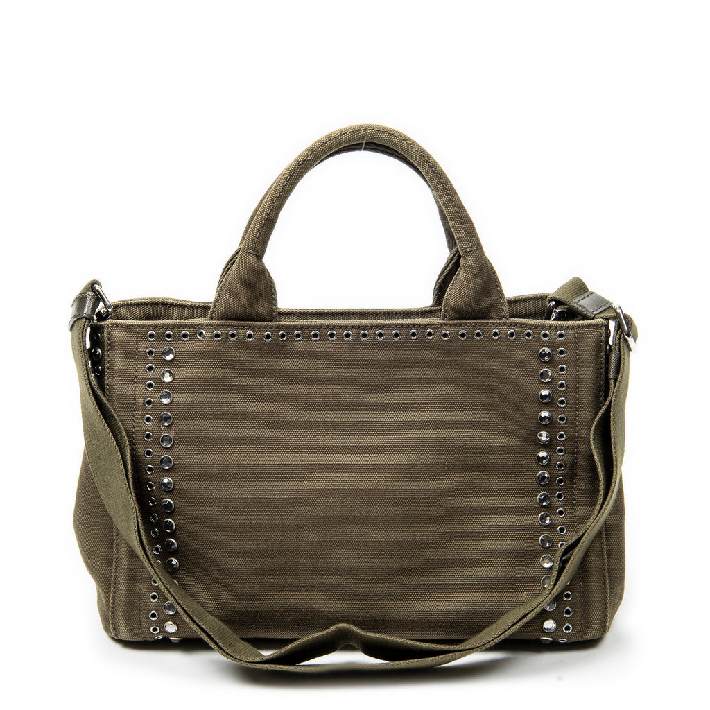 Shoulder Bag Small Rhinestone Canapa Tote Dark Green Studded Canapa Canvas