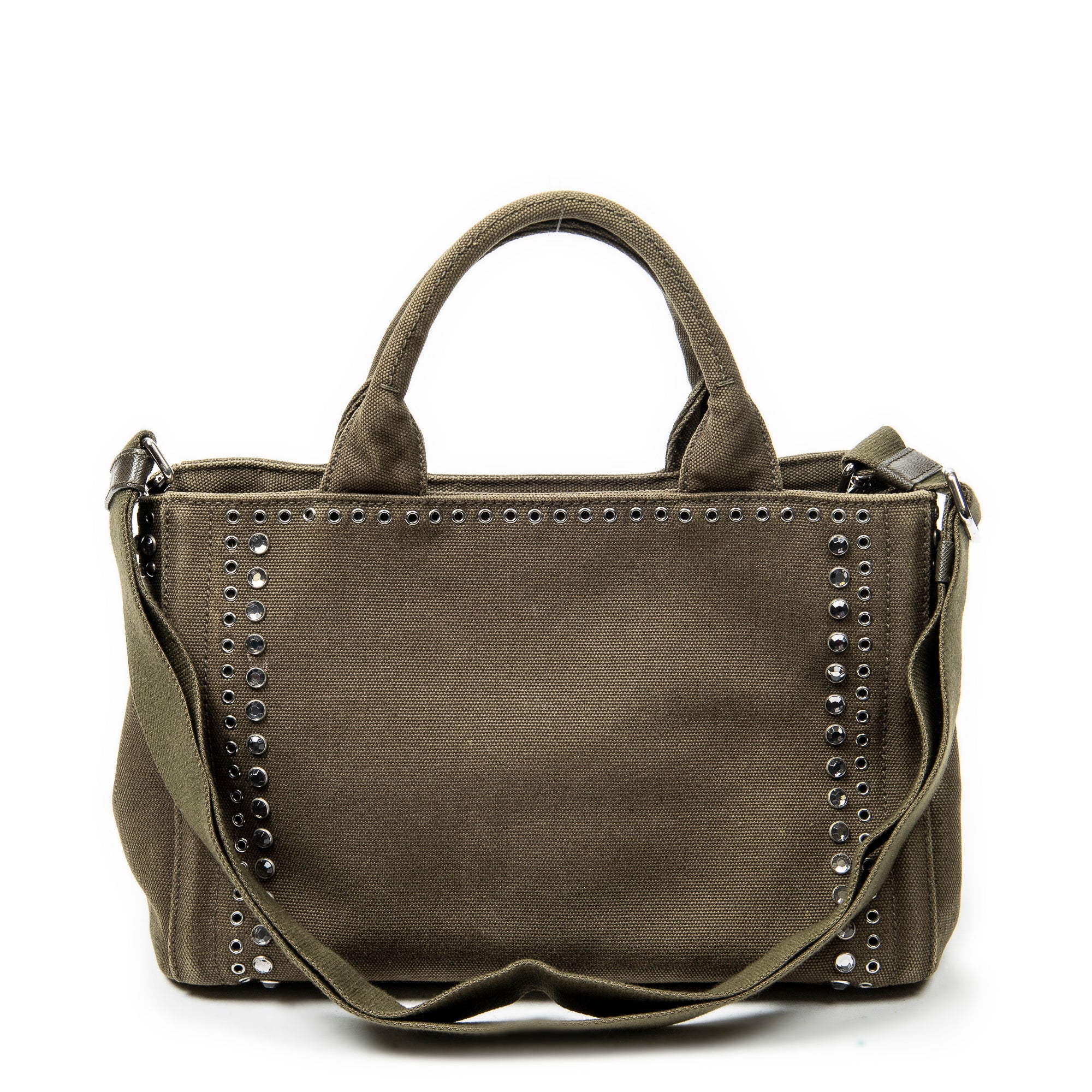 Shoulder Bag Small Rhinestone Canapa Tote Dark Green Studded Canapa Canvas