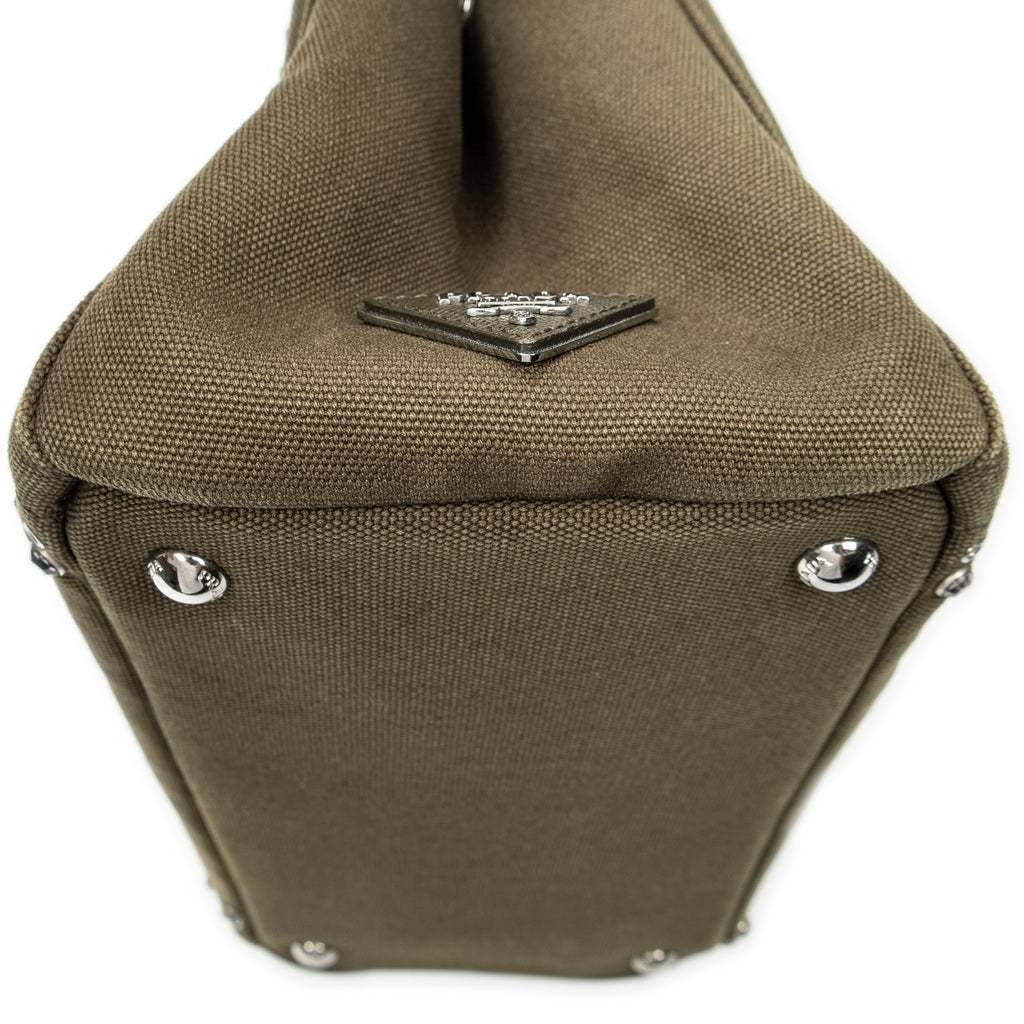Shoulder Bag Small Rhinestone Canapa Tote Dark Green Studded Canapa Canvas
