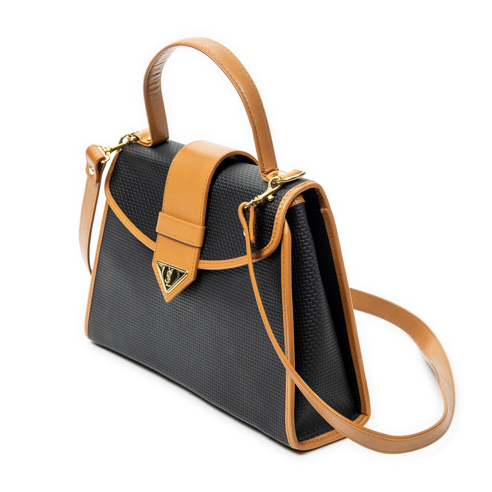 Shoulder Bag Vintage Top Handle Flap Black Woven Coated Canvas