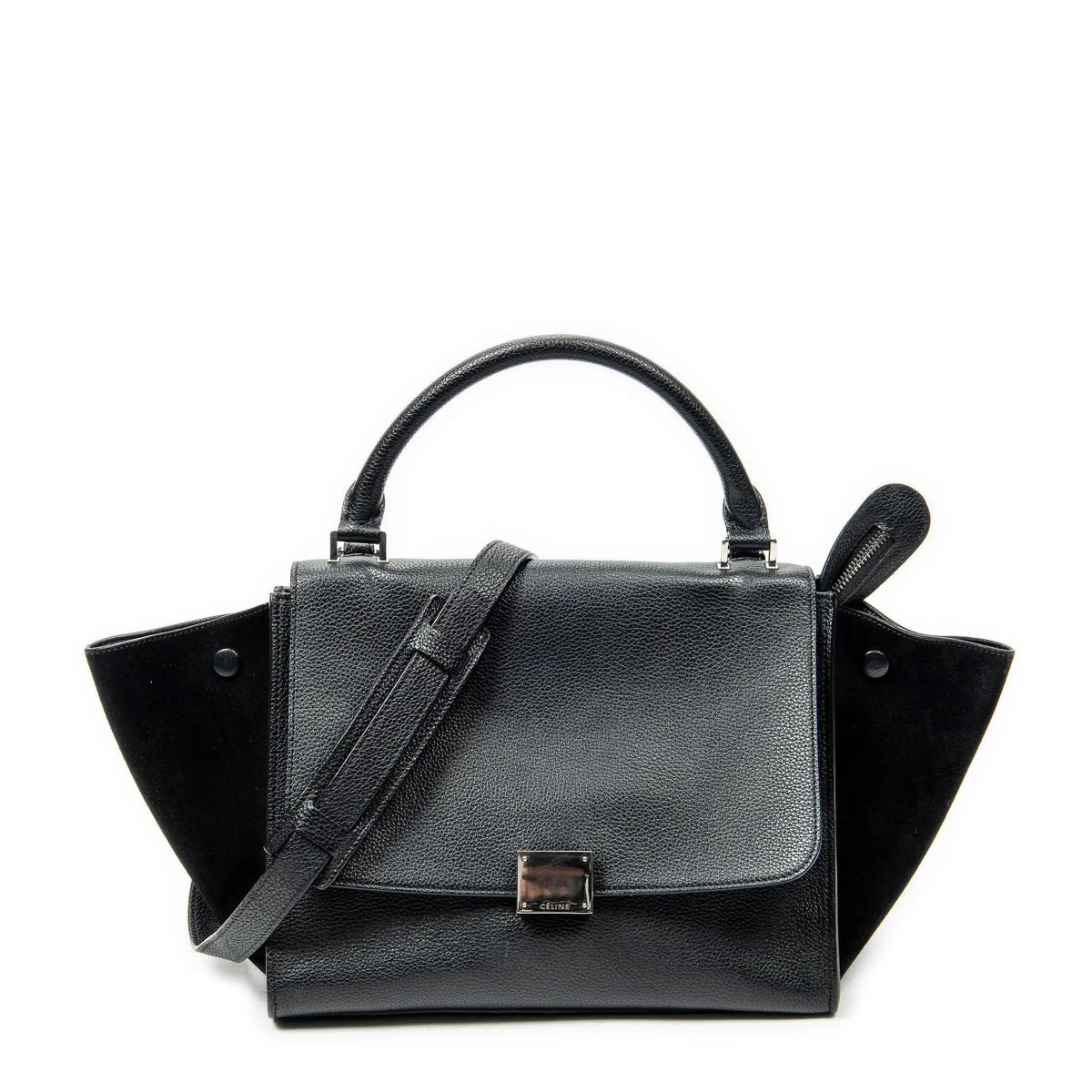 Sac Bandoulière Petit Trapèze en Cuir de Veau Grainé Noir