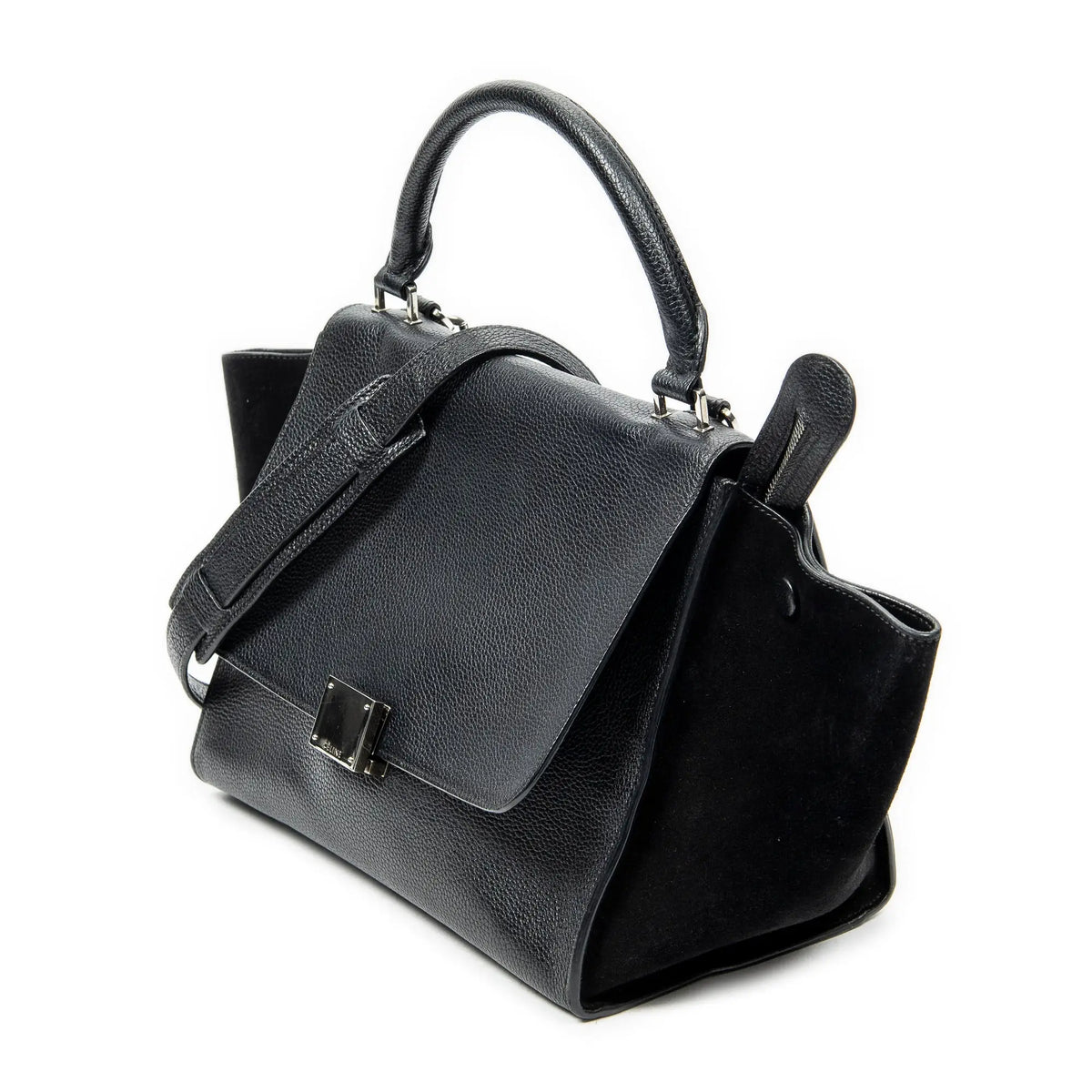 Sac Bandoulière Petit Trapèze en Cuir de Veau Grainé Noir