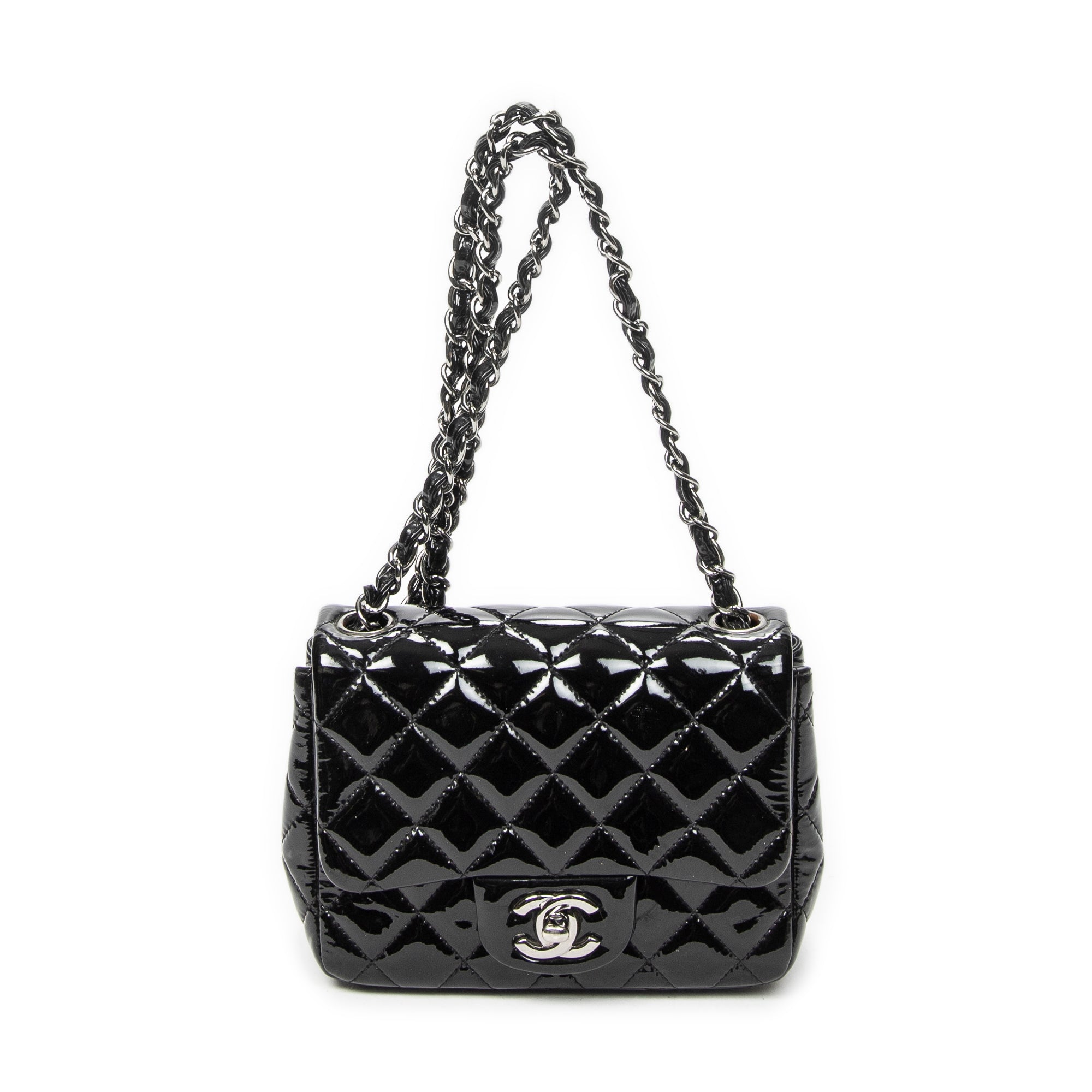 Shoulder Bag Mini Classic Square Flap Black Quilted Patent Leather