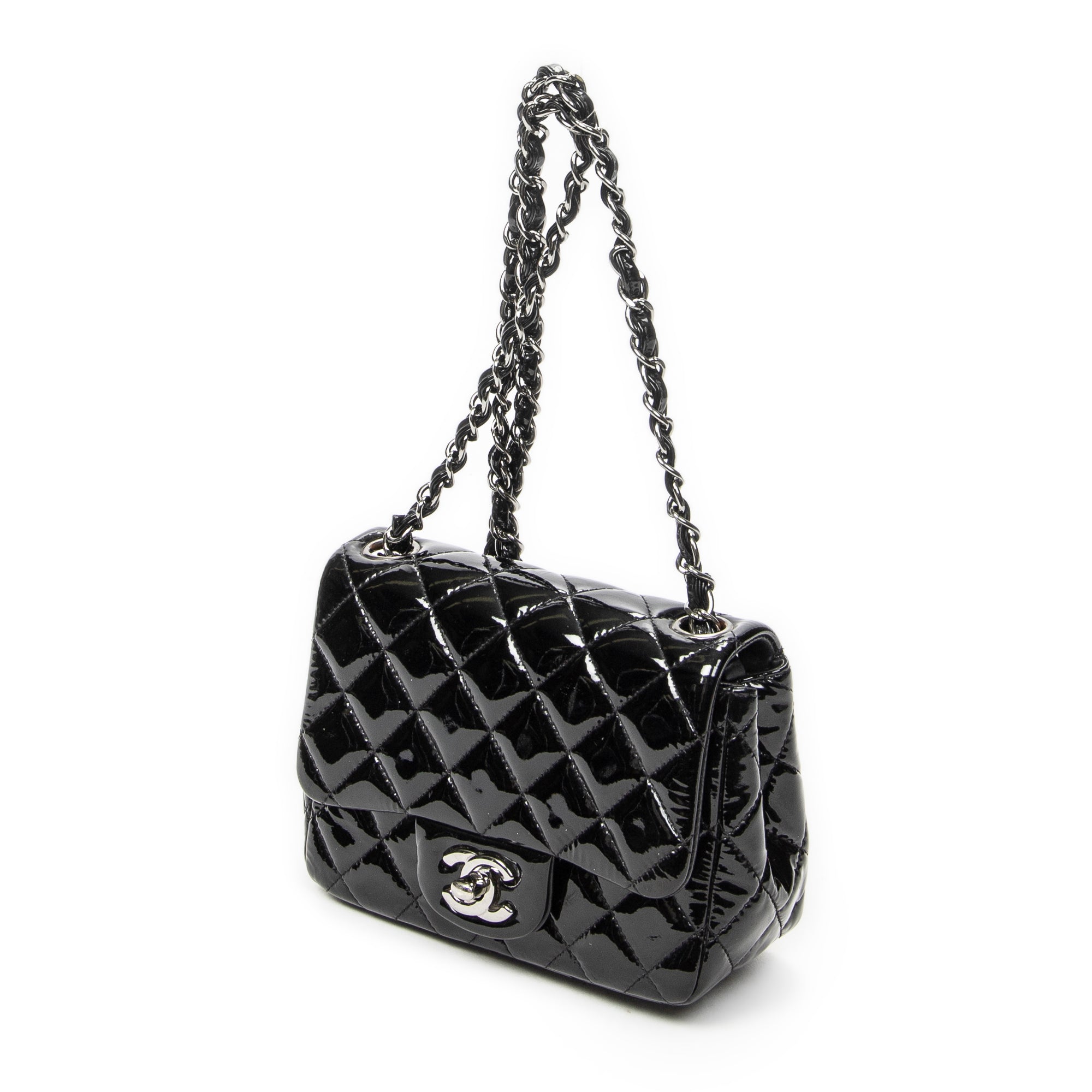 Shoulder Bag Mini Classic Square Flap Black Quilted Patent Leather